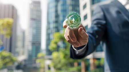 Businessman touching a sustainable development button while office buildings are in the backgroundの写真素材