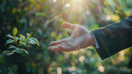 The hand of the businessman reaches out to the hand of the natureの写真素材