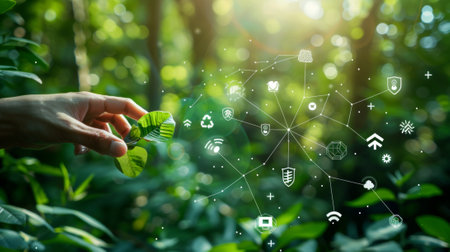 Technology ecology concept of finger touch with environment icons over network connection.の写真素材