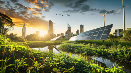 Frameless solar panels, a battery energy storage facility, wind turbines, and a big city with...