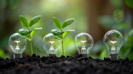 A greener, more sustainable future. Plants growing in bulbs.