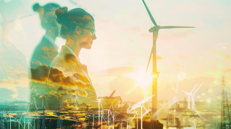 Business people working over wind turbine farms and green renewable energy worker interface. Concept...