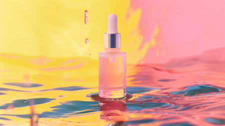 In a pink-yellow background, a moisturizing serum stands in the water.