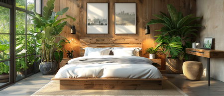3D illustration of a comfortable bed next to a desk and sofa on bright floors