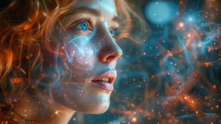 An advertising banner or banner image of a woman looking at a hologram. Wide angle visual for banners or advertisements.の写真素材
