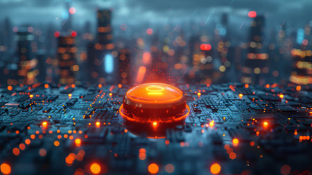 The digital button is on an abstract city background. This is a double exposure of a technology...
