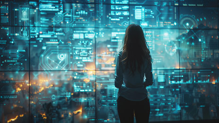 A global communication concept with a futuristic GUI developed by a group of engineers.