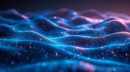 Particles moving in a digital landscape. Background of technology or cyberspace.の写真素材