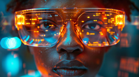 He wears smart glasses, heads up display, wearable computing, wearable device, internet of things, and abstract visualsの写真素材