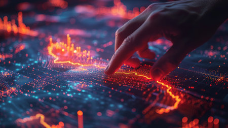 A hand pointing to a glowing business chart on a dark blue background. Stock, market, and trading...