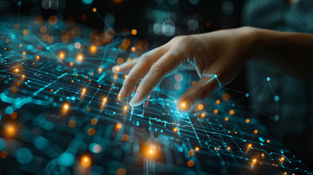 Finance business chart with a hand-held digital hud interface of the future and growth of the...