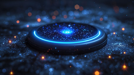 A round digital button on a space backdrop. The concept of technology and innovation.