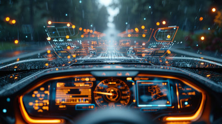 Automobile technology. Heads-up display. Touch screen car front.の写真素材