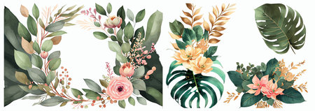 Elegant Collection of Watercolor Greenery Illustrations: Various Types of Leaves and Branches for Diverseのイラスト素材
