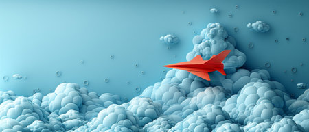 Cartoon paper planes with clouds in the sky. Send an email or message concept. Social media illustration in 3D.の素材