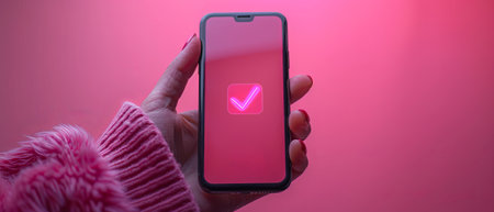 Isolated cartoon icon on purple background. 3D rendering. Hand holding a mobile phone with a check mark on the screen. Characters finger the stamp. Completed task. Payment completed. Businessの素材