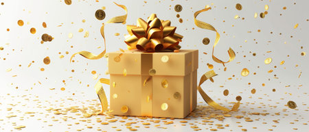 This 3D rendering shows an open gift box with floating gold coin and serpentine ribbon. It also shows a cash reward box. It represents a loyalty program. Cartoon creative design icon isolated on whiteの素材