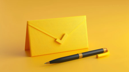 An animated 3D check mark in an envelope with a pen. A document or email is confirmed. An approved paper has been received. Isolated cartoon icon elements on a yellow background.の素材