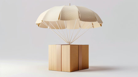 Cartoon creative design icon isolated on white background. 3D rendering of cardboard box with parachute. Fast delivery concept. Parcel airdrop. Cargo delivery service. Cartoon creative design icon.の素材