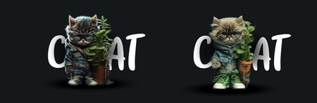 Stylish Kittens and Greenery: Adorable Illustrated Kittens in Trendy Outfits Holding Potted Plants, Perfect for Childrenâs Book Illustrations or Cute Designのイラスト素材