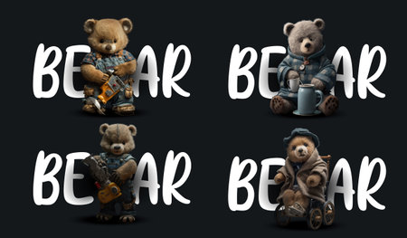 Adorable Illustrated Bears in Different Poses with Various Props, Perfect for Childrenâs Books, Animations, and Creativeのイラスト素材
