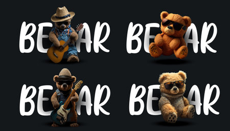 Cool Teddy Bears in Different Poses, Playing Guitars and Wearing Sunglasses, Isolated on a Darkのイラスト素材