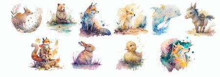 Watercolor Collection of Forest and Farm Animals: Vibrant Artistic Illustrations for Creativeのイラスト素材