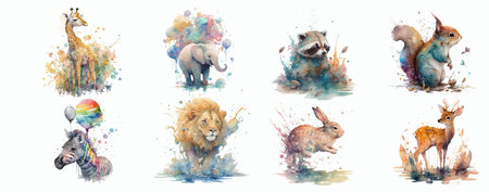 Vibrant Watercolor Wildlife: A Collection of Beautifully Painted Animals Including a Giraffe, Elephant, Zebra, Lion, Raccoon, Squirrel, Rabbitのイラスト素材
