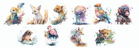 Vibrant Watercolor Collection of Wildlife: A Series of Beautifully Crafted Paintings Featuring Various Animals in Dynamic, Colorfulのイラスト素材