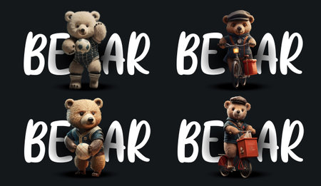 Adorable Collection of Four Different Teddy Bears in Various Poses and Outfits, Isolated on a Darkのイラスト素材