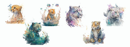 Artistic Collection of Watercolor Splashed Wild Cats: Detailed Illustrations of Tigers and Leopards in Various Posesのイラスト素材