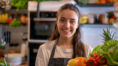 Food coordinator. Nutritionist. A young woman with food. Food coordinator.の素材