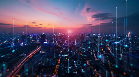 An intelligent city concept with a wireless communication network. 5G. LPWA (Low Power Wide Area).の素材