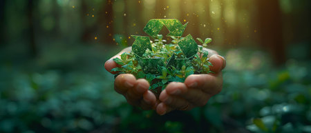 In this picture you can see a hand holding the circular economy icon. The concept of eternity, endless and unlimited is the idea of circular economy supporting sustainable growth and environmentalの素材