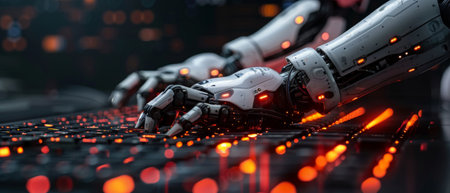 A man using robot technology to assist in the development of chat bots, chat AI, and generate images, write codes, and analyze data using technology.の素材