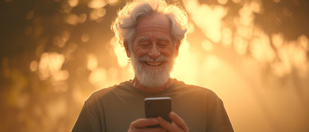 A smiling gray-haired older middle-aged bearded man is using a phone outdoors. A happy old adult male holding a smartphone is texting on it while standing outside at a distance from the camera.の素材