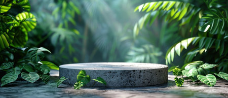 Sculpted concrete podium on a natural green background for packaging product presentation. The scene with green leaves is a background for cosmetic products. Mockup of the pedestal.の素材