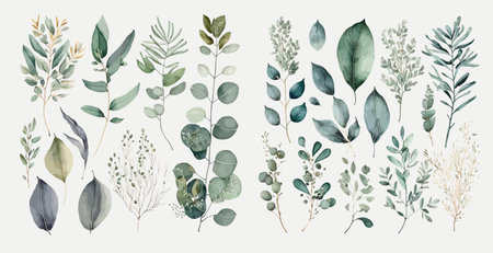 Watercolor floral illustration set - green leaf branches collection. Decorative elements template. Flat cartoon illustration isolated on white backgroundのイラスト素材