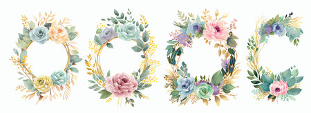 Elegant Watercolor Floral Wreaths Collection Featuring Blooming Flowers, Lush Foliage, and Decorative Elements for Invitations, Greeting Cardsのイラスト素材