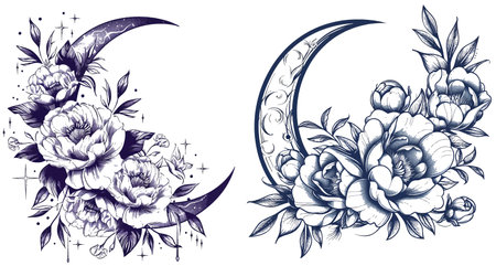 Beautiful magic crescent moon with peony flowers and leavesのイラスト素材