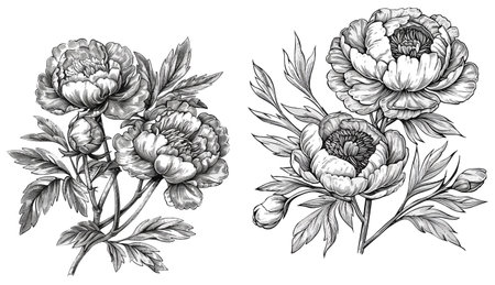 Engraved hand drawn illustrations of ornate peoniesのイラスト素材