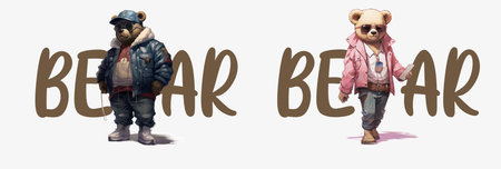 Stylish Urban Bears in Trendy Outfits: A Unique, Artistic Vector Illustration of Bears Dressed in Modern Fashionのイラスト素材