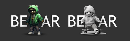 Stylish Urban Bears: Modern Vector Illustration of Two Cool Bears Dressed in Trendy, One Standing Confidently and Another Skateboardingのイラスト素材