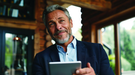 In the middle of the office, smiling middle aged businessman executive manager is using a digital tablet. He is looking away from the tablet and is thinking about something on it.の素材