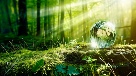 Concept of Globe Glass With Sunlight In A Green Forestの素材