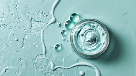 Moisturizing beauty cream jar and bright blue water. Top view and copy space.の素材