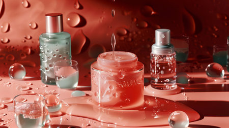 This is a cosmetic clear liquid transparent cream with hyaluronic acid on a pink background. It is a skin care product.の素材