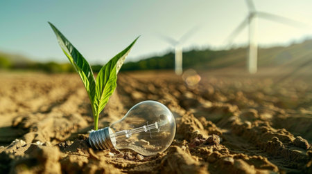A light bulb is located on the soil, while plants grow beside the wind turbine. Renewable sources of energy are essential in the future. Green energy, eco energy is becoming more and more popular.の素材