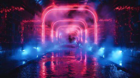 A blue neon light illuminates an empty scene. A blue street with smoke floats on top of an empty background.の素材