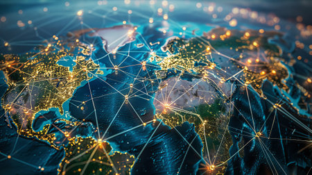 Manager who plans the distribution of goods worldwide on a virtual screen. Distribution network map. Global online ordering. Fast or instant shipping.の素材